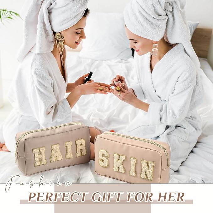 Preppy Makeup Bags Chenille Letter Stuff Bag Nylon Cosmetic Pouch Cases with Zipper for Women Travel Toiletry(Apricot Color,Classic,2 Pcs)