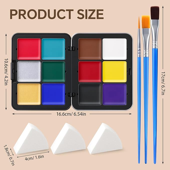 16 Colors Face & Body Paint - Blendable Facepaint Foundation with Sponge & Brush for Skin, Professional Halloween Face Make-up Kit for Zombie Clown Joker Vampire Skeleton Camo USA Flag Bruise Costume