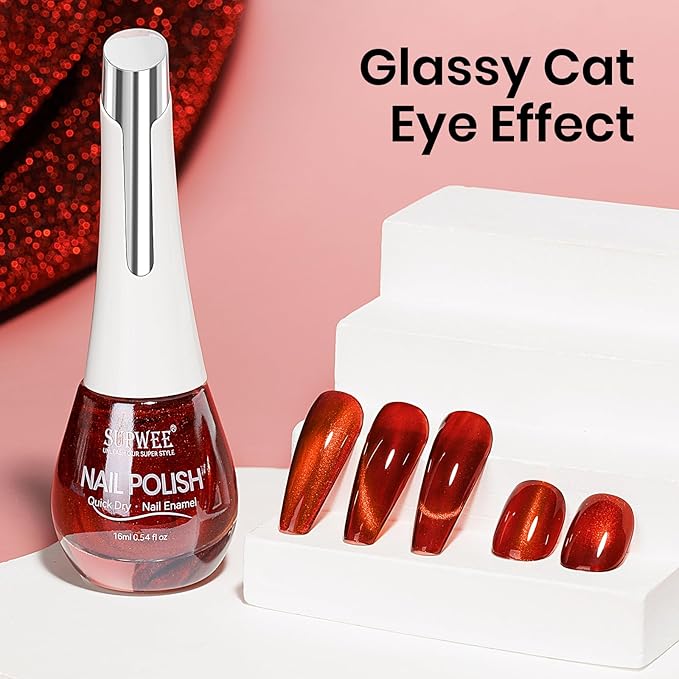 Red Quick Dry Cat Eye Nail Polish Non Gel, Magnetic Nail Polish with Magnet Cateye Fingernail Lacquer Air Fast Drying Manicure Gift For Women Girls 16ml/0.54 oz