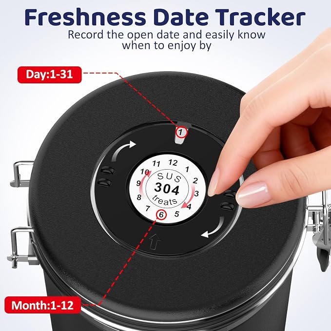 ENONCI Airtight Dog Treat Canister, 304 Stainless Steel Food Storage Jar with Date Dial Black-1.8L