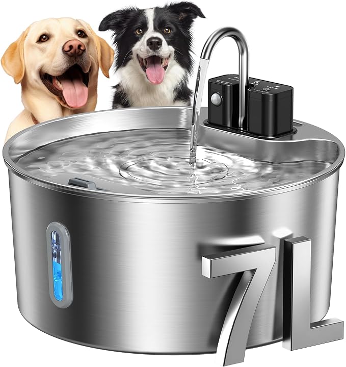Voluas 7L Wireless Dog Water Fountain with 1 Filter, Stainless Steel | 236oz capacity, 4-layer filtration, ultra-quiet pump, water level window, easy clean for large dogs