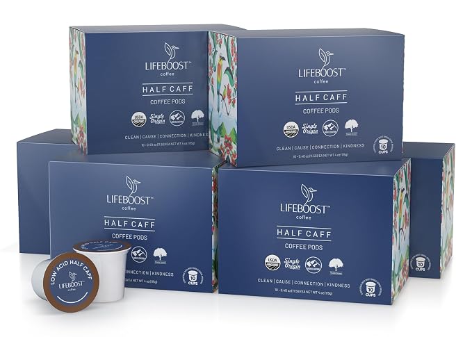 Lifeboost Half Caff Coffee K Cups - Low Acid Half Caff Coffee Pods - Non-GMO Mold Free Pods Compatible with Keurig & Keurig 2 - Third Party Tested for Mycotoxins and Pesticides - 10 Count