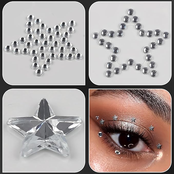 3 Sheets Star Gem Stickers Self Adhesive Rhinestone Stickers White Face Jewel Stick on Bling Hair Diamond Decals Sparkly Crystal Pearls for Body Nails Crafts Decoration Supplies for Kids
