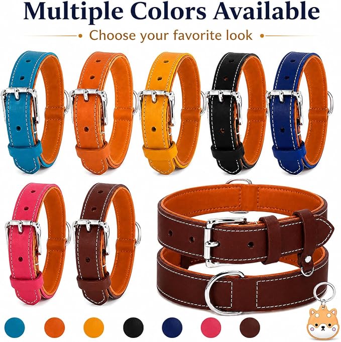 Genuine Leather Dog Collar, Soft Padded Leather Dog Collars with Airtag Holder Case for Small Medium Large X-Large Dogs,Comfort Heavy Duty Pet Collar with Durable Metal Buckle & D-Ring-Brown/L