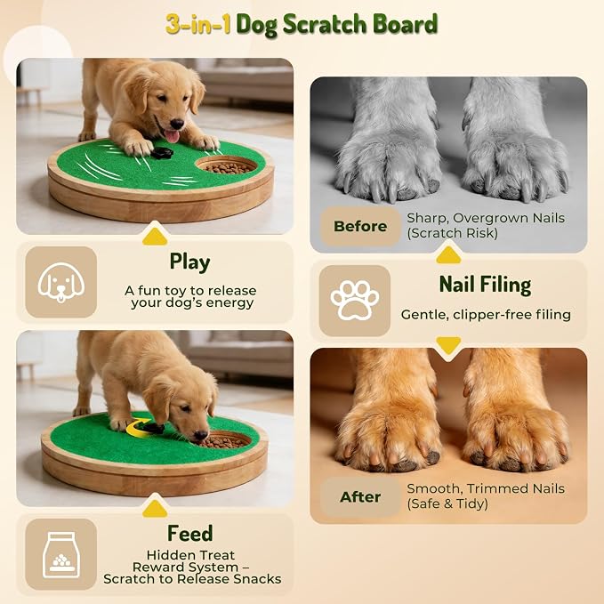 Dog Nail Scratch Board with Treat Box - Anti-Slip Rotating Dog Paw Care File Toy, Wooden Dog Scratch Pad for Nails with Adjustable Tension, Stress-Free Grooming & 2 Optional Base Types, Green