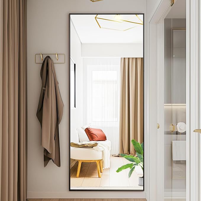 DUMOS 63"x20" Full Length Floor Mirror, Full Body Mirror | Free Standing or Wall Mount, Nano Glass Aluminum Frame, Hanging or Leaning, Modern Simple Home Decor, Black