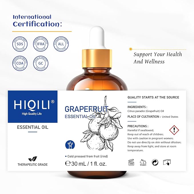 HIQILI 30 ml Grapefruit Essential Oil, for Diffuser, Skin Care - 1 Fl Oz | Fresh Citrus Aroma, Ideal for Daytime Diffusion, Nighttime Massage, DIY and Daily Home Fragrance —30mL / 1.01 fl oz