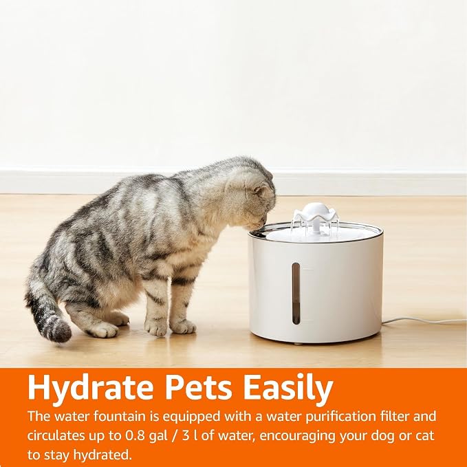 Amazon Basics Large Capacity Pet Water Fountain with Stainless Steel Top, Ultra Quiet, Easy to Clean, BPA Free, 3L, White, 3 Filters Included (Pack of 8)