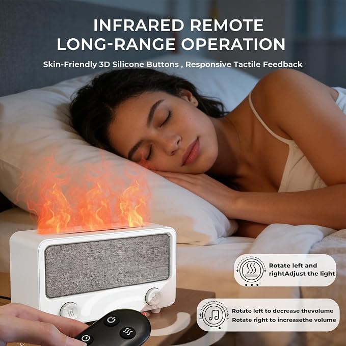 Fireplace Flame Aromatherapy Diffuser with Bluetooth Speaker, Essential Oil Diffuser for Home Bedroom, Ultrasonic Cool Mist Humidifier 7 Colors LED Light Auto-Off Protection Home Bedroom Office Yoga