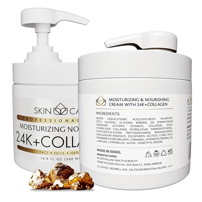 Skin Care 24K Gold & Collagen 3-in-1 Moisturizer Face Cream, Neck and Hands - Treatment for Crepey Texture, Wrinkles and Sagging - Daily Lotion for All Skin Types - 16.9 fl. oz.