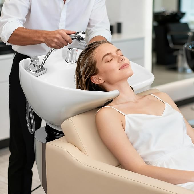 Winado Shampoo Backwash Barber Chair with Ceramic Hair Wash Bowl Sink, Adjustable Leg Baffle, Reclining Shampoo Station Chair for Barbershop Beauty Spa Massage Hairdressing Equipment, Beige