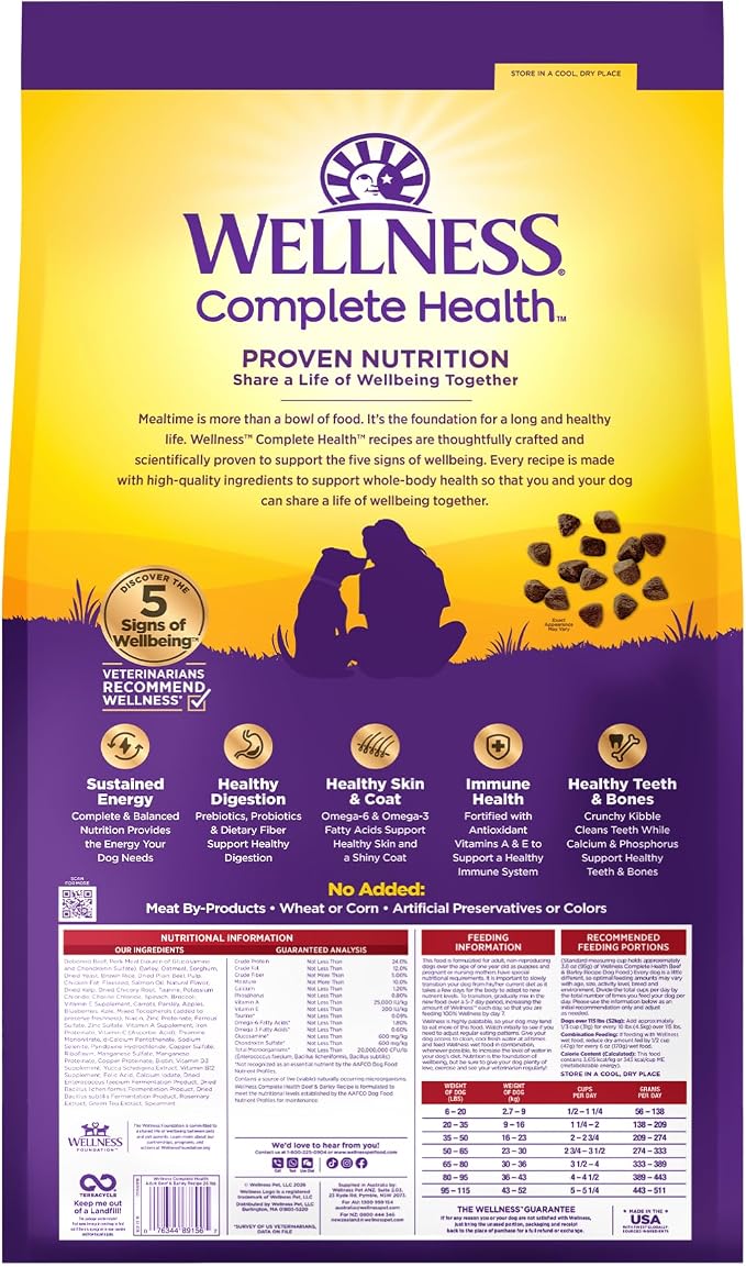 Wellness Complete Health Adult Dry Dog Food, Wholesome Grain Kibble, Natural, Beef and Barley Recipe, 26 lb Bag