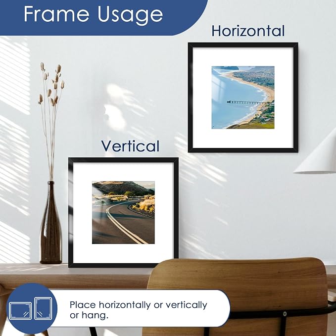 12x12 Picture Frame Set of 6, Wall Mount Display, Black | Display Pictures 8x8 with Mat or 12x12 Without Mat, Horizontal or Vertical, Gallery Wall Frame Set, Wedding Birthday Gifts