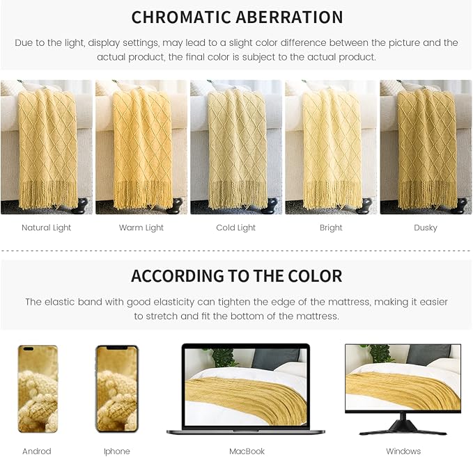 BOURINA Mustard Throw Blanket 50x60 Inch Boho Knit Soft Throw Sofa Blanket | Knitted Throw Blanket 50x60 Inches, Soft Lightweight Boho Weave Throw Decorative Couch Blanket for Living Room Bedroom Chair