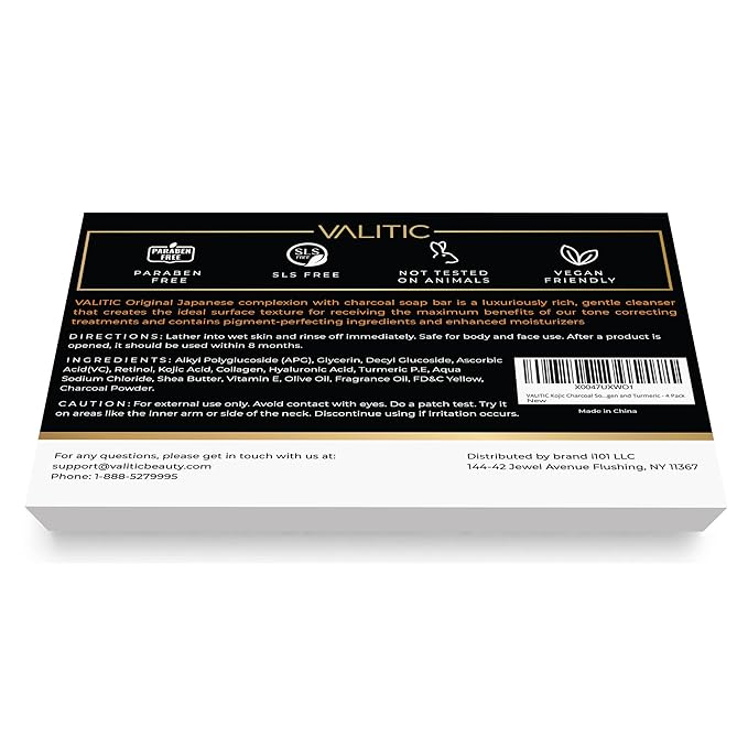VALITIC Charcoal Kojic Acid Turmeric Black Soap Bar Dark Spot Remover for Body or Face Wash - 4 Pack