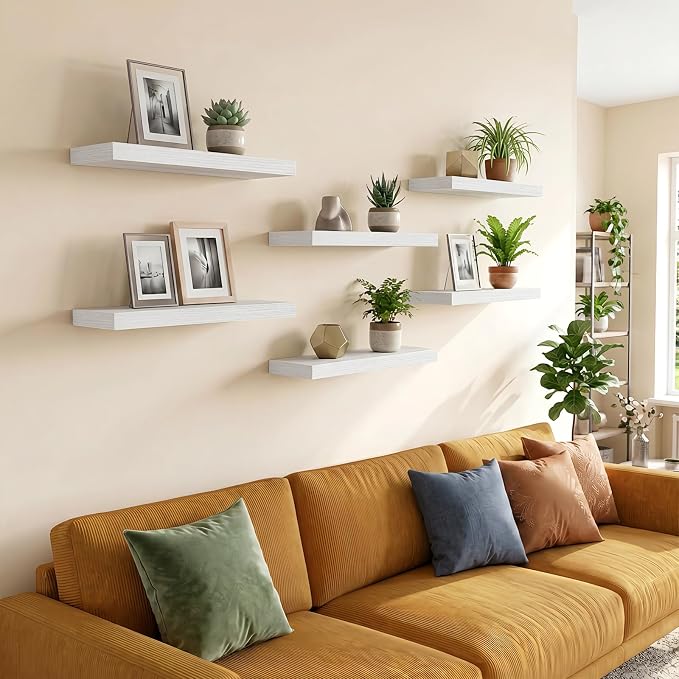 Fixwal Floating Wall Shelves for Decor (White Set of 6, 15.7 Inch) | MDF Shelves with Metal Brackets, Space Saving for Books, Decor, Works in Bathroom, Kitchen, Living Room, Bedroom