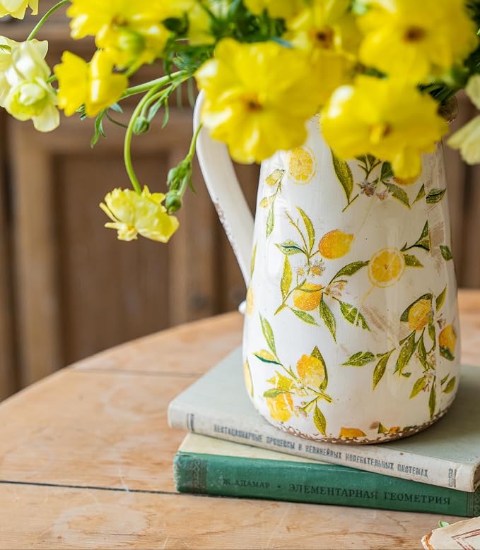 Vintage Lemon Ceramic Vase with Handle, Retro Ice Glazed Crack Farmhouse Pitcher Vase for Home Decor, Living Room, Shelf, Office, Rustic Table Centerpiece 7 Inch