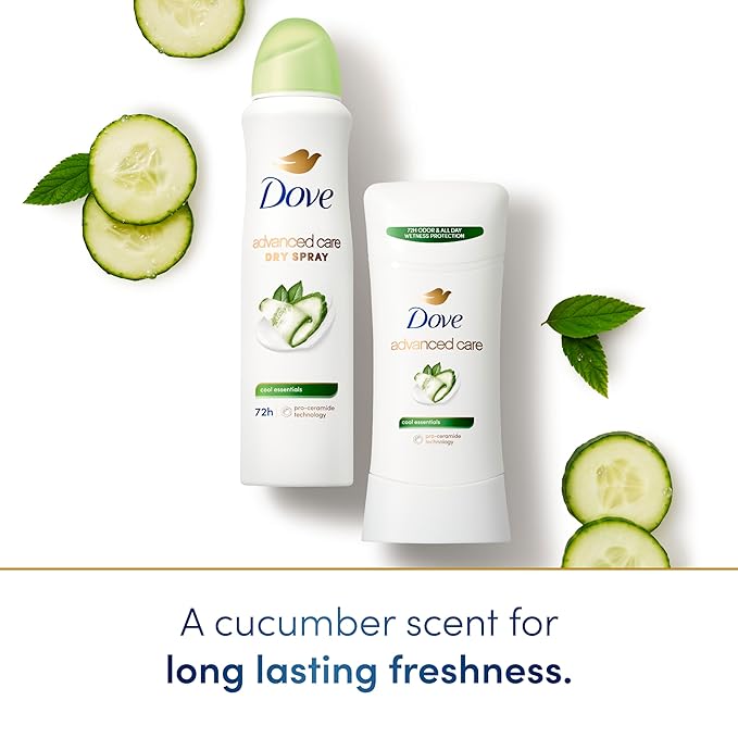 Dove Advanced Care Antiperspirant Deodorant Stick Cool Essentials 4 ct for helping your skin barrier repair after shaving 72 hour odor control and sweat protection with Pro Ceramide Technology 2.6 oz