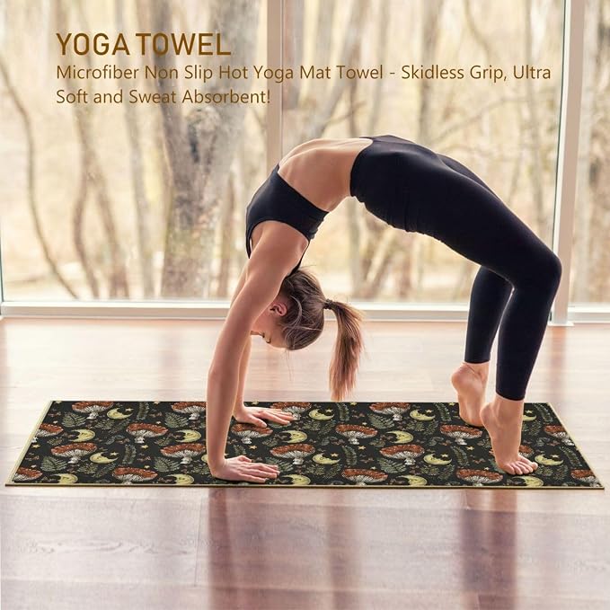 Retro Mushroom Moon Yoga Mat Towel Non Slip Soft Sweat Absorbent Hot Yoga Mat Towel, for Hot Yoga, Pilates and Workout-73 x 27 Inch