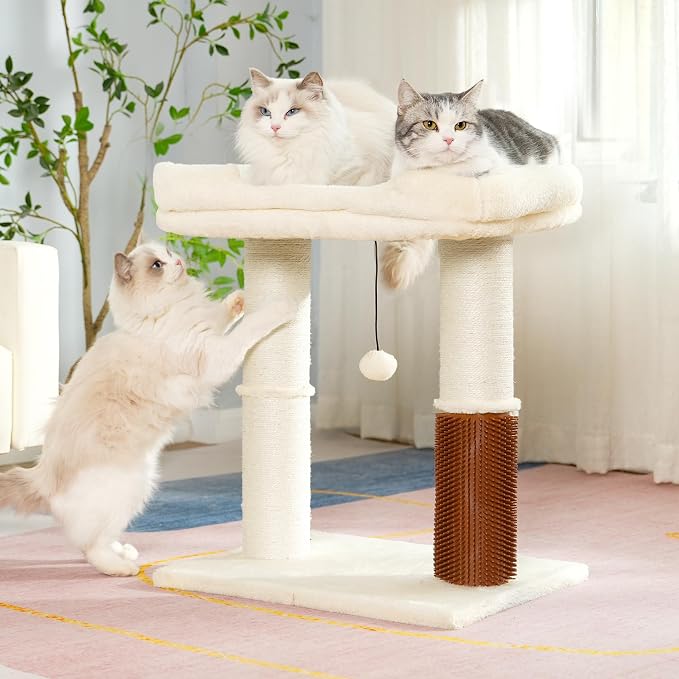 Cat Tree Tower for Large Cats Cat Scratching Post with Bed 20x16“ | Small Cat Tree with Thick Scratching Post 4.5” Dia, Large Raised Bed 20X16”, Self Groomer, Toy Ball for Indoor& Large Cats