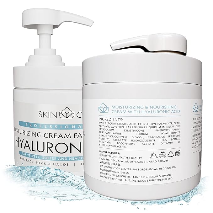 Skin Care Hyaluronic Acid 3-in-1 Moisturizer Face Cream, Neck and Hands - Treatment for Crepey Texture, Wrinkles and Sagging - Daily Lotion for All Skin Types - 16.9 fl. oz.