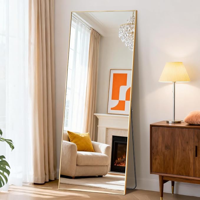 DUMOS 19"x58" Full Length Mirror with Stand, Full Body Floor Mirror | Free Standing or Wall Mount, Nano Glass Aluminum Frame, Hanging or Leaning, Modern Simple Home Decor, Gold