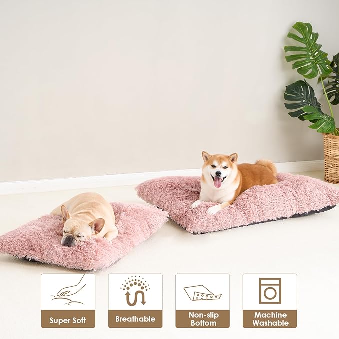 EHEYCIGA Fluffy Dog Crate Bed for Medium Dogs, Plush Crate Pad, Pink | Calming Anti Anxiety Medium Dog Bed, Washable Soft Warm Faux Fur Crate Mat with Non-Slip Bottom