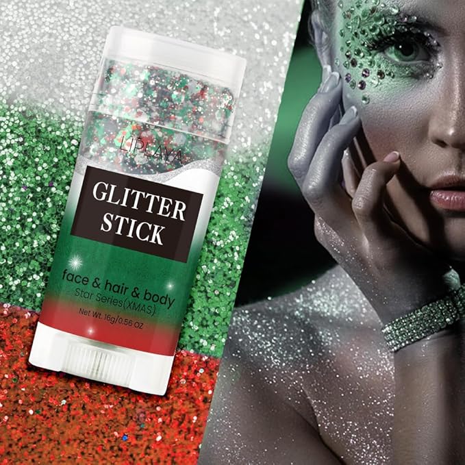 Christmas Body Glitter Stick, Sparkling Holographic Sequins Neon Outfit Party Christmas Accessories Hair and Body Glitter Gel Makeup.(Red Green and White)