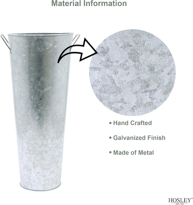 Hosley Galvanized French Bucket Vase with Handles 6" Dia x 15" H- Perfect for Weddings, Parties, Country Picnics, Floral Arrangements, Tableware Storage, or Candle Gardens - Rustic Farmhouse Décor