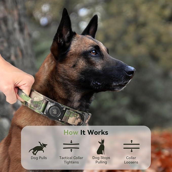 2026 Upgrade Waterproof Tactical AirTag Dog Collar, Built in AirTag Holder | Comfortable Control Handle, Quick Release Metal Buckle, Durable 1000D Nylon, For Medium to Large Dogs, Camouflage, L