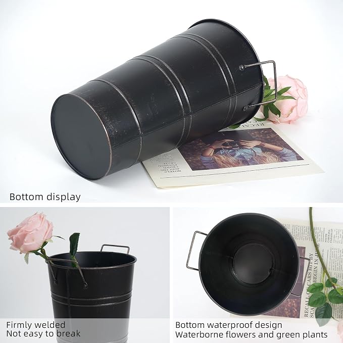 Notakia 12 Inch Large Galvanized Metal Vases Farmhouse French Flower Bucket Vases for Cut Flowers for Home Decor and Wedding Table Centerpiece Decorations (Large Blcak 4Pcs)