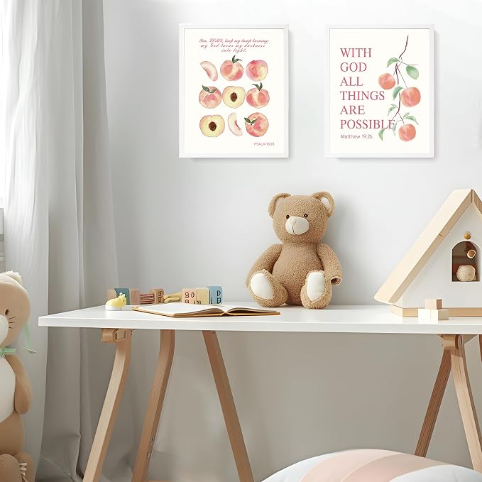 LARTSFRO Coquette Pink Peach Fruits Wall Art Decor Posters, Cute Pink Peach Christian Room Bathroom Bedroom Dorm Wall Art Decor Aesthetic for College Teen Girls Gifts, Inspirational Bible Verses Wall Decor, 10x8 Inch Set of 4 Pcs Fruits Pictures (UNFRA...