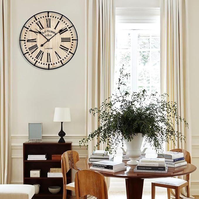 EMAX HOME Rustic Farmhouse Wall Clock 24 Inch, Vintage Oldtown London Wooden Large Clock with Silent Tick, for Bedroom, Office, Kitchen, Indoor Home Decoration