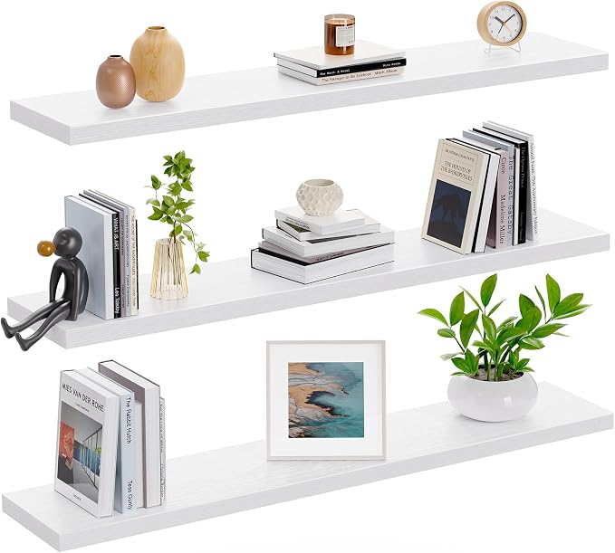 AMADA HOMEFURNISHING 35.4" L Floating Shelves, Wall Shelves Set of 3 for Bathroom/Living Room/Bedroom/Kitchen, White Floating Shelves for Wall Decor with Invisible Brackets - AMFS45W