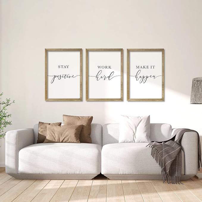 RLWangChao Inspirational Quotes Wall Art Decor 3 Piece 11"X16" Wood | Modern Office, Stay Positive Work Hard Make It Happen Motivational, Framed Sign, Living Room Positive Wall Hanging