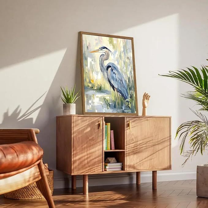 Framed Blue Heron Wall Art, Watercolor Sea Bird Pictures Wall Decor, Coastal Nature Wildlife Animal Paintings Canvas Prints for Living Room Bedroom Bathroom Office Home Decor 12x16 inch