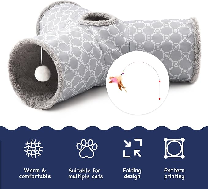 Tempcore Fleece-Lined Cat Tunnel, 3-Way Collapsible Toy, Geometry Grey