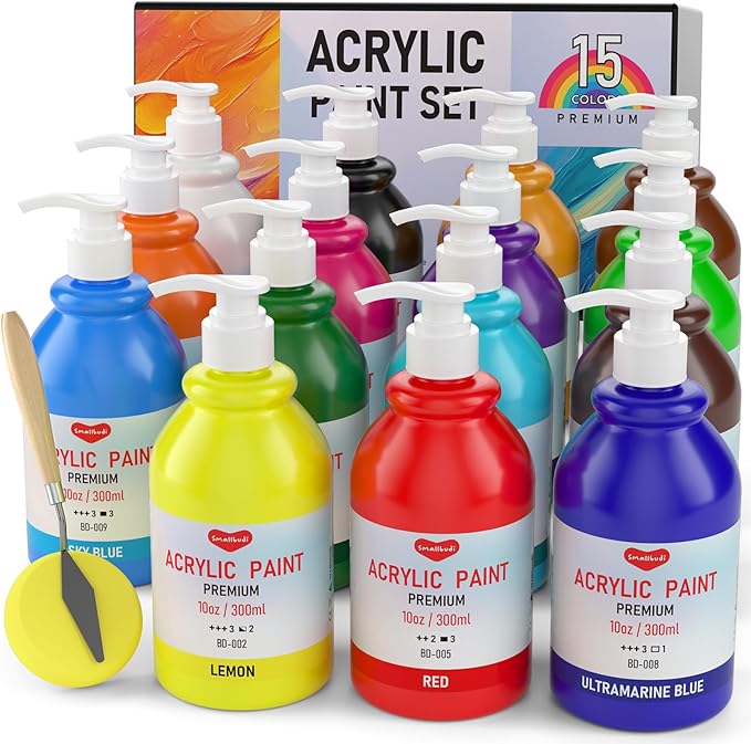 15 Colors Large Bulk Acrylic Paint Set (10 oz,300 ml) Art Painting Supplies for Multi Surface Canvas Wood Leather Fabric Rock Craft, Non Toxic Paint for Kid & Adult with Pump, Color Wheel