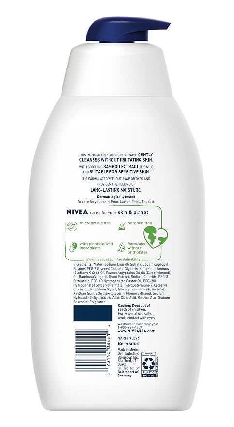 Nivea Men Sensitive Body Wash for Sensitive Skin with Bamboo Extract, Bottle,30 Fl Oz(Pack of 2)
