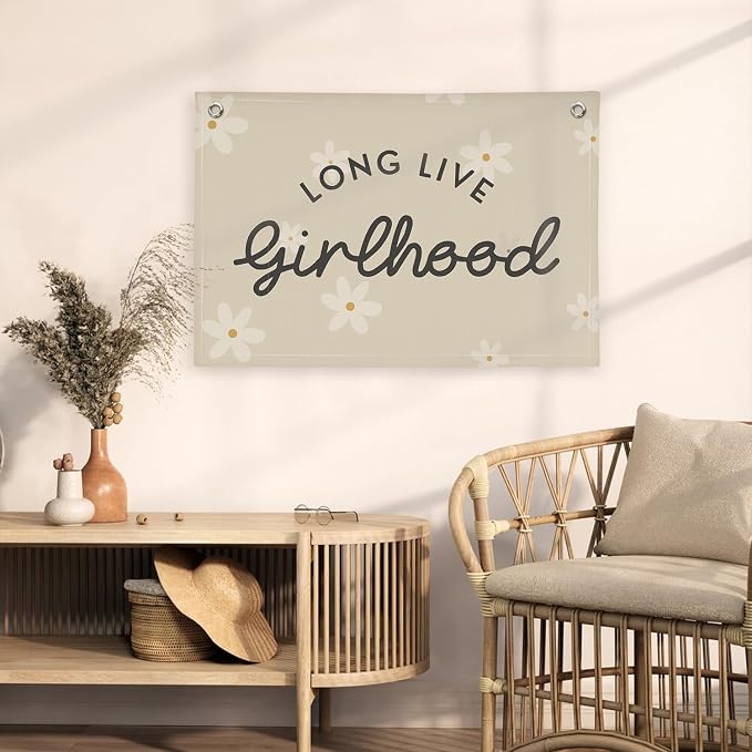 Boho Girls Room Decor,Long Live Girlhood Linen Banner Hanging Flag Flower Daisy Banner for Nursery Playroom Wall Decor Kids Bedroom Dorm Toddler Decorations Trendy Room 30x20 girlroom