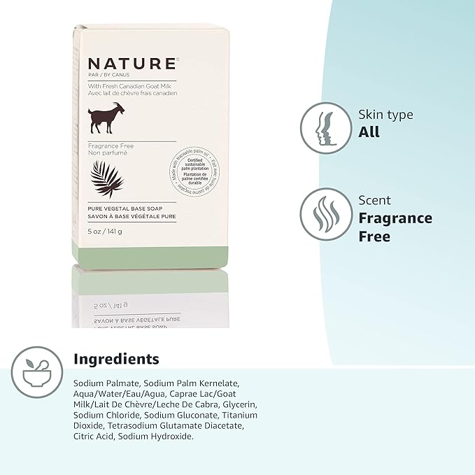 Nature by Canus Bar Soap With Fresh Canadian Goat Milk Vitamin A B3 Potassium Zinc and Selenium, Fragrance Free, 5 Ounce