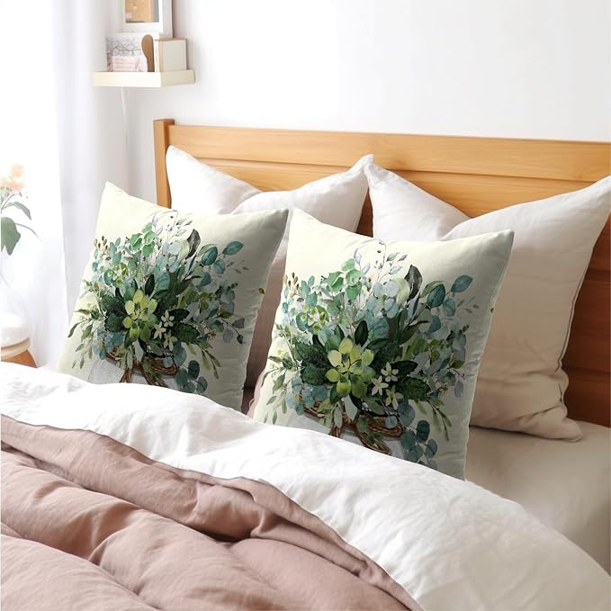 Kawani Eucalyptus Leaves Throw Pillow Covers 22x22 Pack of 2 Green Leaf Botanical Plant Jar Farmhouse Cotton Linen Pillowcases Square Cushion Case for Couch Sofa Porch Outdoor Decor