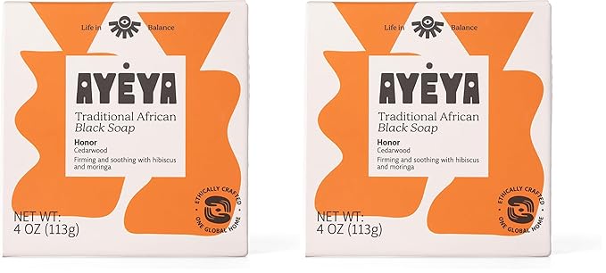 AYÉYA African Black Soap Bar – Honor – Cedarwood – Grounding African Black Soap for Face & Body – Natural Bar for Skin Firmness, Acne & Dark Spots – Handmade in Ghana (Pack of 2)