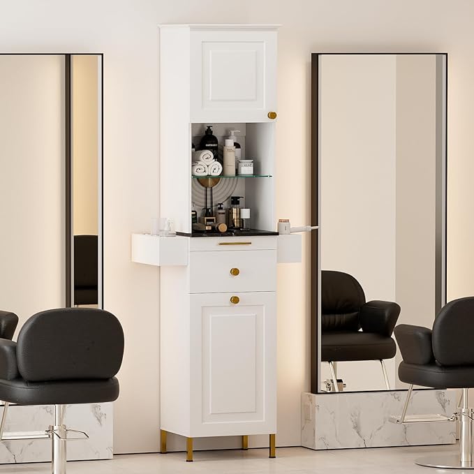 Paddie Barber Station Hair Salon Station, Salon Stations for Hair Stylist, Beauty Salon Spa Equipment w/Glass Shelf, 2 Storage Cabinet & Drawers, 6 Hair Dryer Holders for Hair Styling(White)