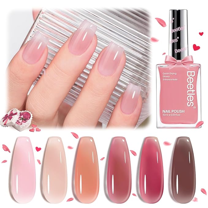 Beetles Jelly Nail Polish Set, 6 Colors Sheer Pink Nail Polish Long Lasting & Quick Dry Clear Jelly for Spring Women, Pink Nail Strengthener Polish for Salon DIY Manicure Set