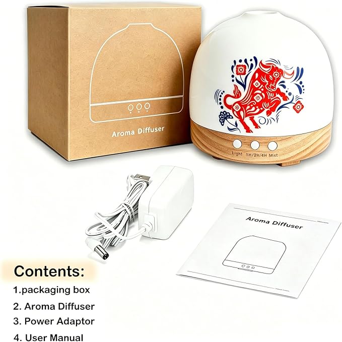 Ceramic Diffuser - 300ML Essential Oil Diffuser,Cute Porcelain Design, Quiet Cool Mist, 4 Timer Modes, Auto Shut-Off, Night Light for Bedroom and Home