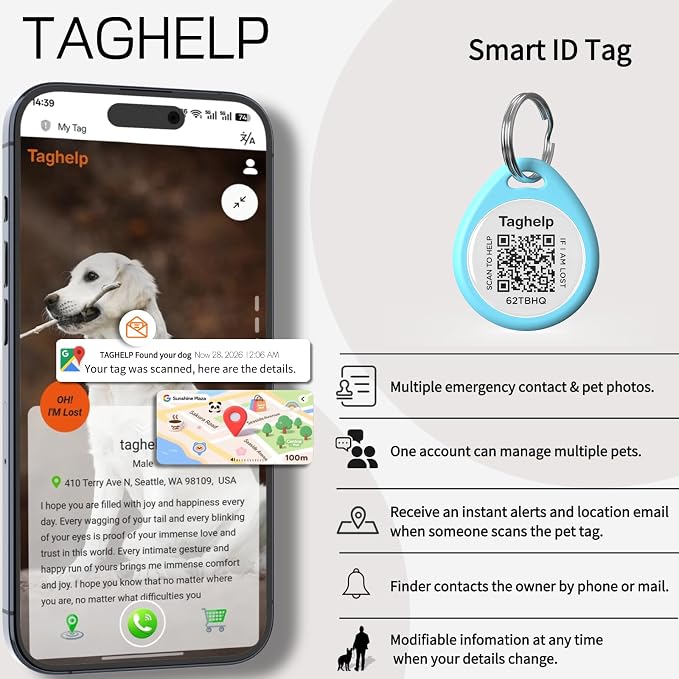 2 Pack - QR Code Pet ID Dog cat Tags for Collar Personalized for Dog Online Profile - Scan QR Code Receive Instant Pet Location Alert Email, Anti-Lost,No Subscription fees,NO APP (Blue&Black, 1.2")