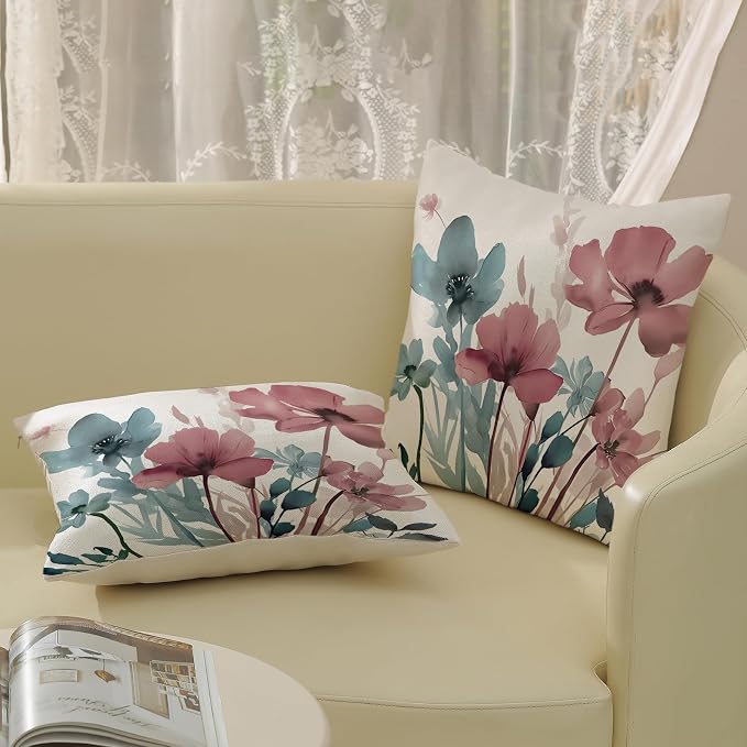 Spring Floral Pillow Covers 18x18 Inches Set of 2 Blue Pink Floral Throw Pillow Covers Outdoor Rustic Summer Flower Decor Pillowcase Farmhouse Decorative Cushion Cover for Home Sofa Couch