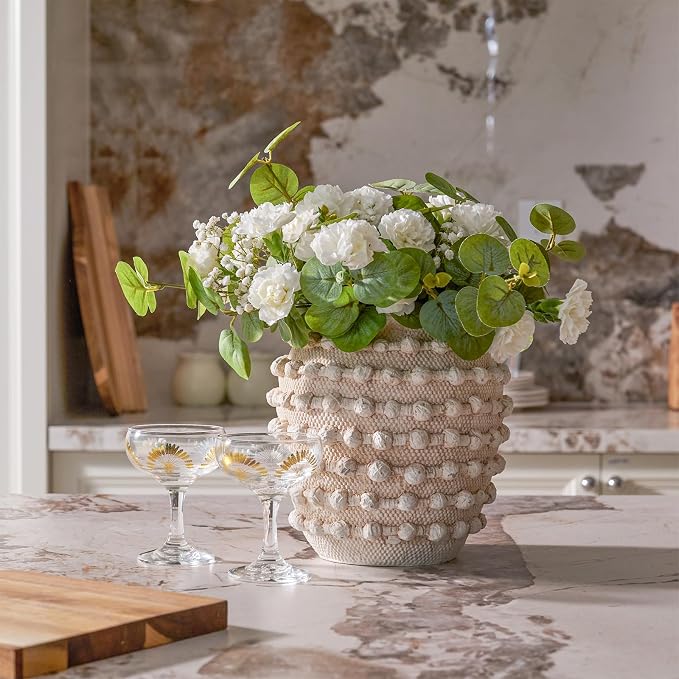 DN DECONATION Beige Flower Vase, 8.2" Farmhouse Boho Vase for Home Decor | Textured Rustic Vase, Cement Decorative Vases with Rope Knots for Living Room, Table Centerpiece, Shelf, Mantel Decoration