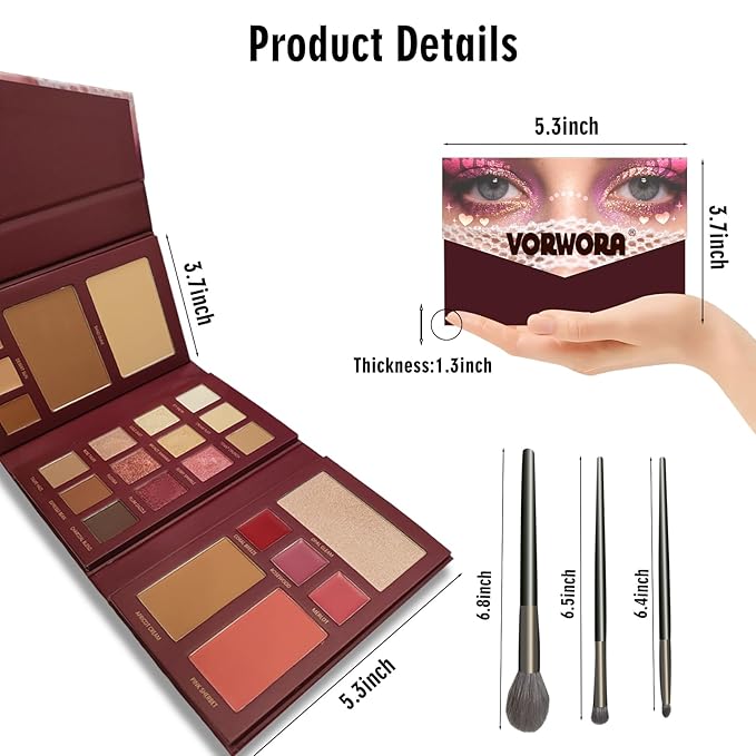 All in One Makeup Palette with 3 Brushes - Foldable Travel Make Up Kit Set includes Highly Pigmented Eyeshadow, Buildable Contour, Correction Concealer, Shine Highlighter, Blush, Lip for Face Paint